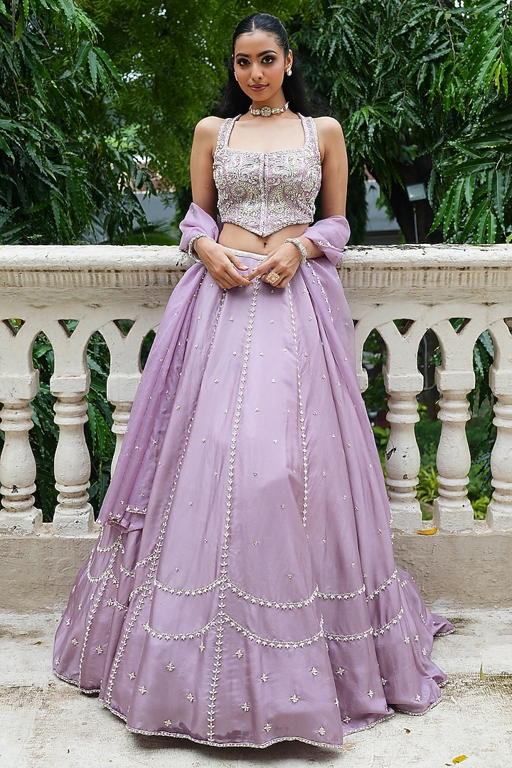 Lavender Uppada Silk Sequins Embroidered Wedding Lehenga Set by EnamourByRadha at Pernia's Pop Up Shop