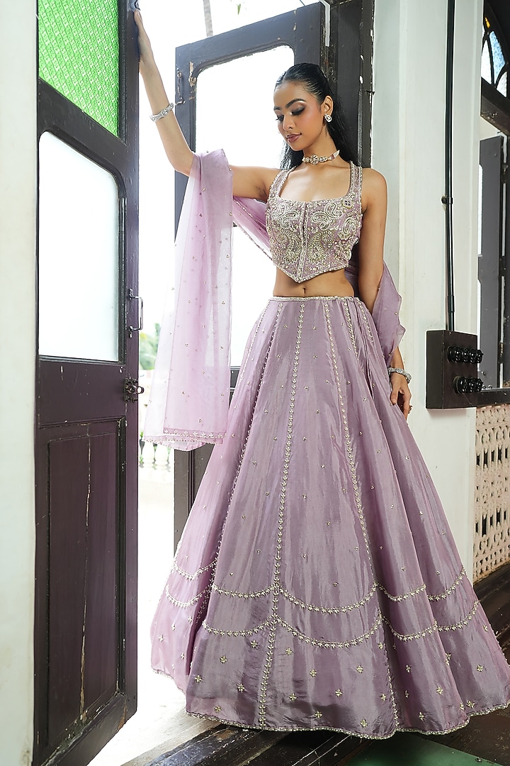 Lavender Uppada Silk Sequins Embroidered Wedding Lehenga Set by EnamourByRadha at Pernia's Pop Up Shop