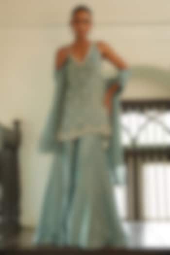 Pastel Blue Glass Tissue Silk & Uppada Silk Wedding Sharara Set by EnamourByRadha at Pernia's Pop Up Shop