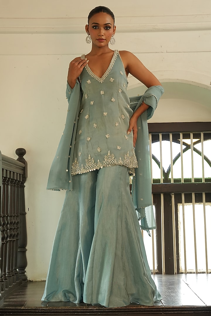 Pastel Blue Glass Tissue Silk & Uppada Silk Wedding Sharara Set by EnamourByRadha at Pernia's Pop Up Shop