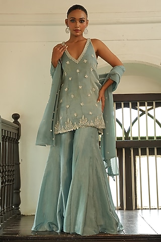 Pastel Blue Glass Tissue Silk & Uppada Silk Sharara Set by EnamourByRadha
