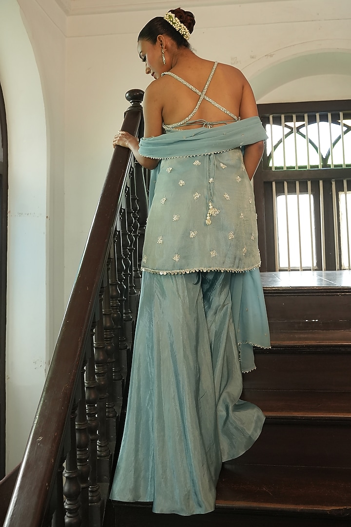 Pastel Blue Glass Tissue Silk & Uppada Silk Wedding Sharara Set by EnamourByRadha at Pernia's Pop Up Shop