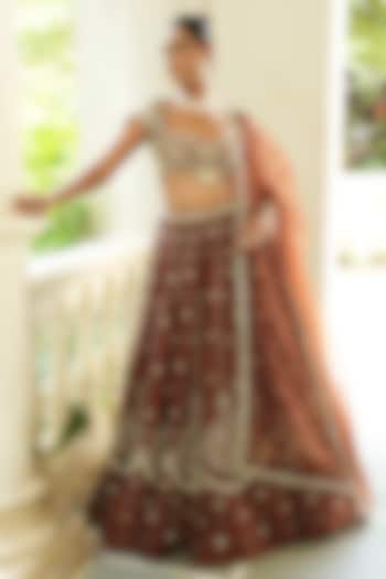 Chocolate Brown Uppada Silk & Organza Zardosi Embroidered Wedding Lehenga Set by EnamourByRadha at Pernia's Pop Up Shop