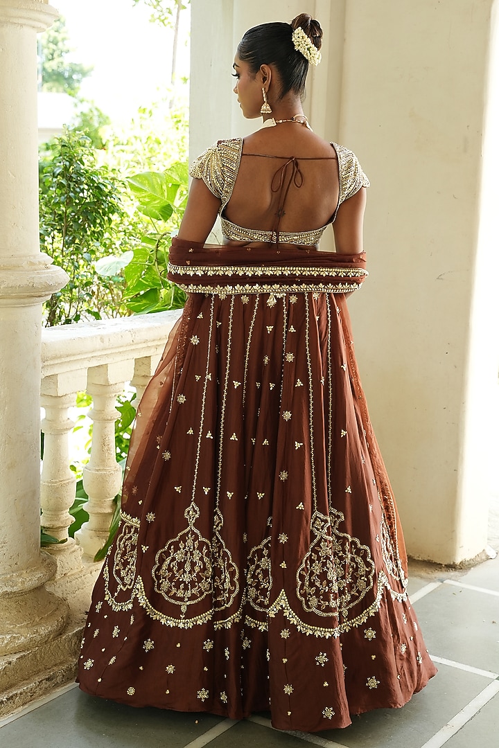 Chocolate Brown Uppada Silk & Organza Zardosi Embroidered Wedding Lehenga Set by EnamourByRadha at Pernia's Pop Up Shop