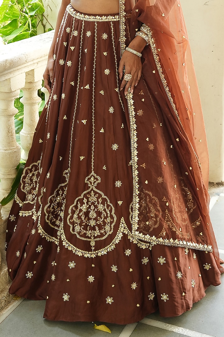 Chocolate Brown Uppada Silk & Organza Zardosi Embroidered Wedding Lehenga Set by EnamourByRadha at Pernia's Pop Up Shop