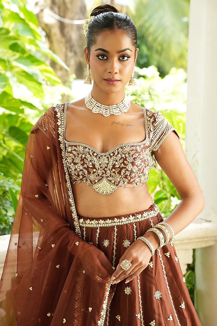 Chocolate Brown Uppada Silk & Organza Zardosi Embroidered Wedding Lehenga Set by EnamourByRadha at Pernia's Pop Up Shop