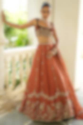 Rust Brown Uppada Silk & Tissue Silk Zardosi Embroidered Wedding Lehenga Set by EnamourByRadha at Pernia's Pop Up Shop