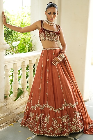 Rust Brown Uppada Silk & Tissue Silk Zardosi Embroidered Lehenga Set by EnamourByRadha