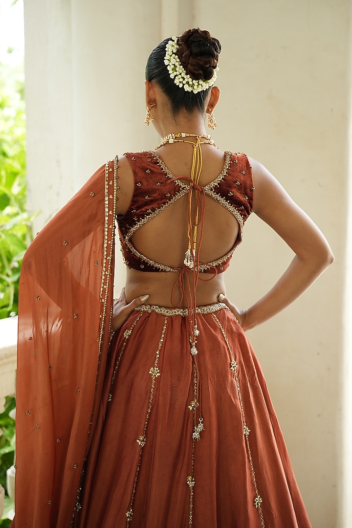 Rust Brown Uppada Silk & Tissue Silk Zardosi Embroidered Wedding Lehenga Set by EnamourByRadha at Pernia's Pop Up Shop