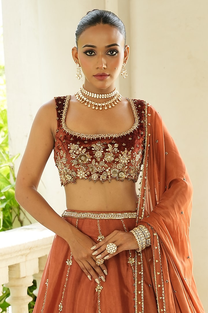 Rust Brown Uppada Silk & Tissue Silk Zardosi Embroidered Wedding Lehenga Set by EnamourByRadha at Pernia's Pop Up Shop