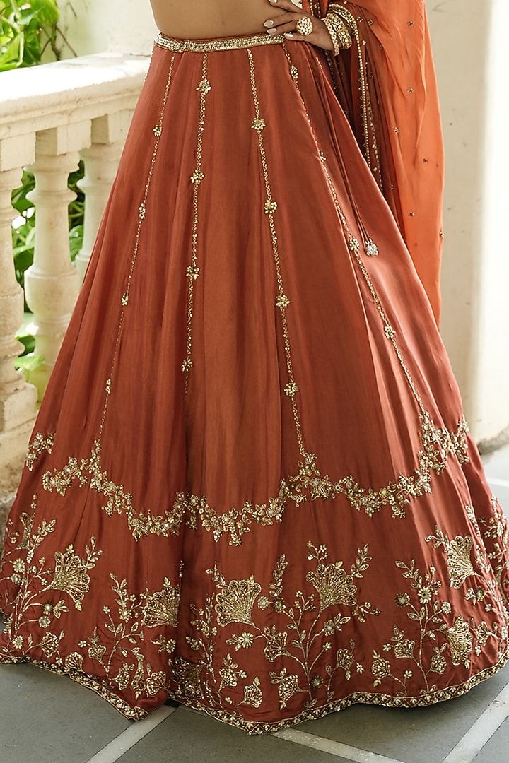 Rust Brown Uppada Silk & Tissue Silk Zardosi Embroidered Wedding Lehenga Set by EnamourByRadha at Pernia's Pop Up Shop