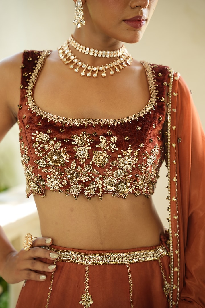 Rust Brown Uppada Silk & Tissue Silk Zardosi Embroidered Wedding Lehenga Set by EnamourByRadha at Pernia's Pop Up Shop
