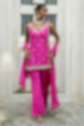 Gulabi Pink Tissue Silk & Chinon Chiffon Sequins Embroidered Tunic Set by EnamourByRadha at Pernia's Pop Up Shop