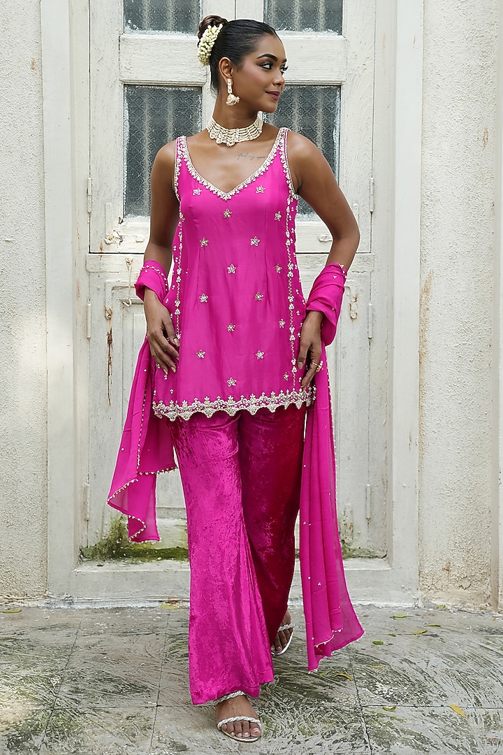 Gulabi Pink Tissue Silk & Chinon Chiffon Sequins Embroidered Tunic Set by EnamourByRadha at Pernia's Pop Up Shop