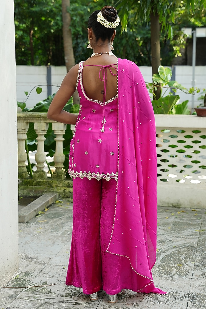 Gulabi Pink Tissue Silk & Chinon Chiffon Sequins Embroidered Tunic Set by EnamourByRadha at Pernia's Pop Up Shop