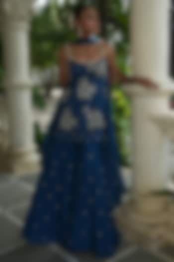 Peacock Blue Crepe Boota Work Wedding Sharara Set by EnamourByRadha at Pernia's Pop Up Shop