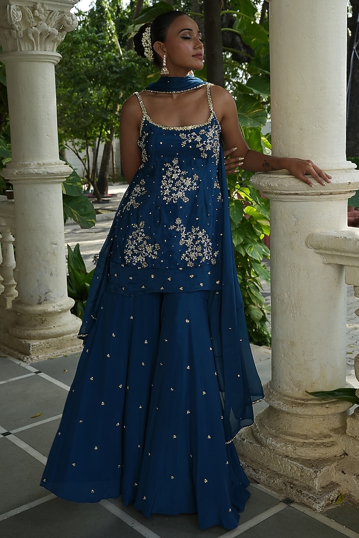 Peacock Blue Crepe Boota Work Wedding Sharara Set by EnamourByRadha at Pernia's Pop Up Shop