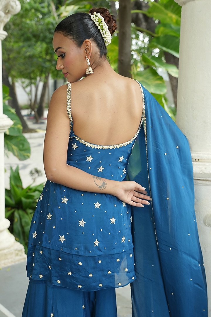 Peacock Blue Crepe Boota Work Wedding Sharara Set by EnamourByRadha at Pernia's Pop Up Shop