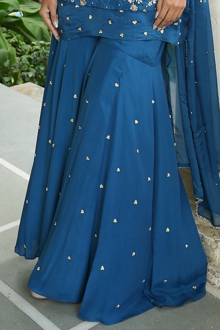 Peacock Blue Crepe Boota Work Wedding Sharara Set by EnamourByRadha at Pernia's Pop Up Shop