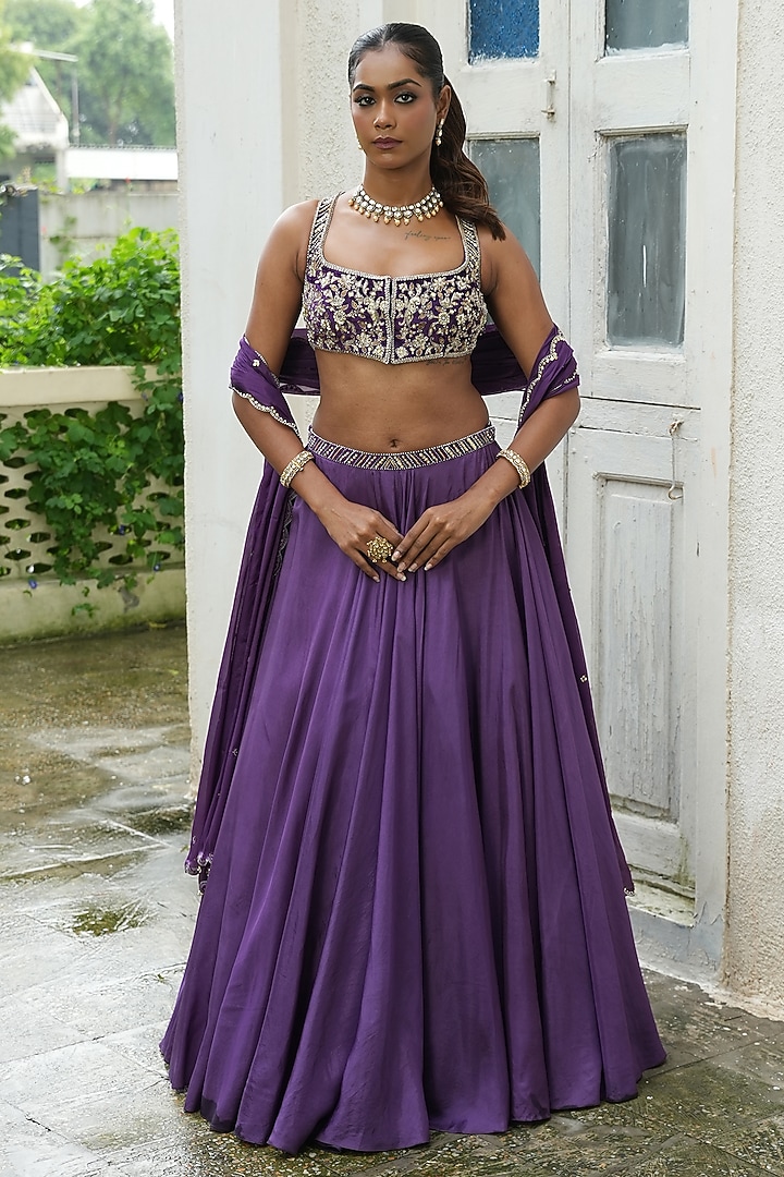 Deep Violet Uppada Silk & Glass Tissue Silk Wedding Lehenga Set by EnamourByRadha at Pernia's Pop Up Shop
