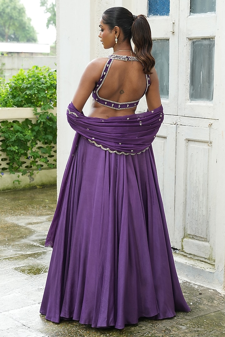Deep Violet Uppada Silk & Glass Tissue Silk Wedding Lehenga Set by EnamourByRadha at Pernia's Pop Up Shop