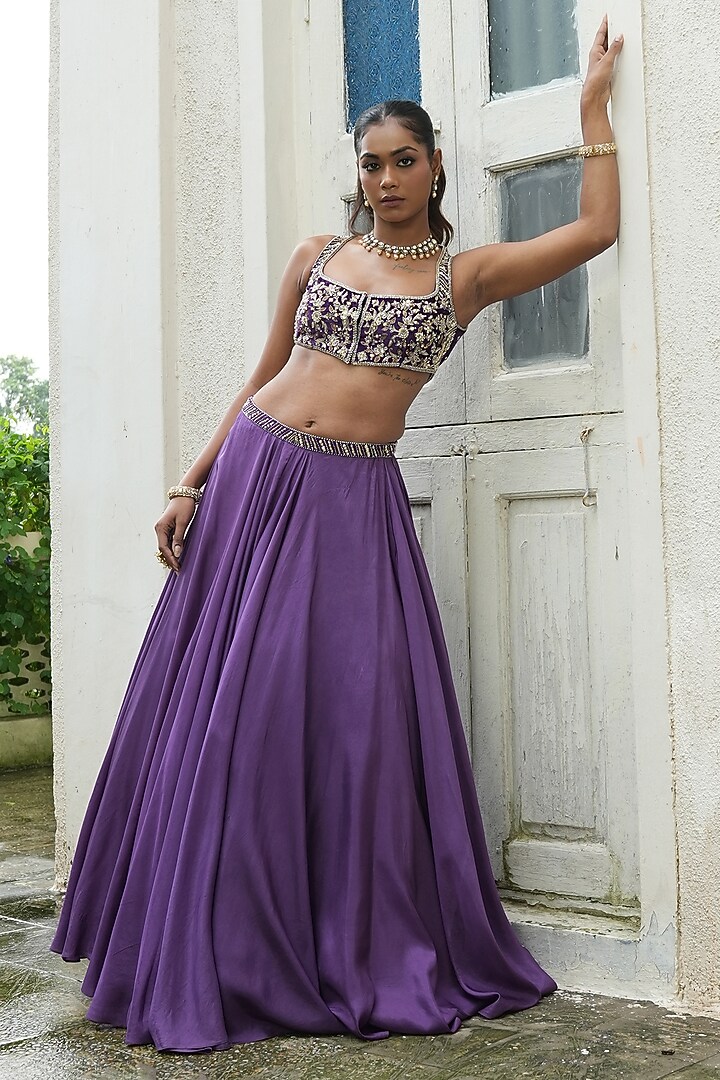 Deep Violet Uppada Silk & Glass Tissue Silk Wedding Lehenga Set by EnamourByRadha at Pernia's Pop Up Shop