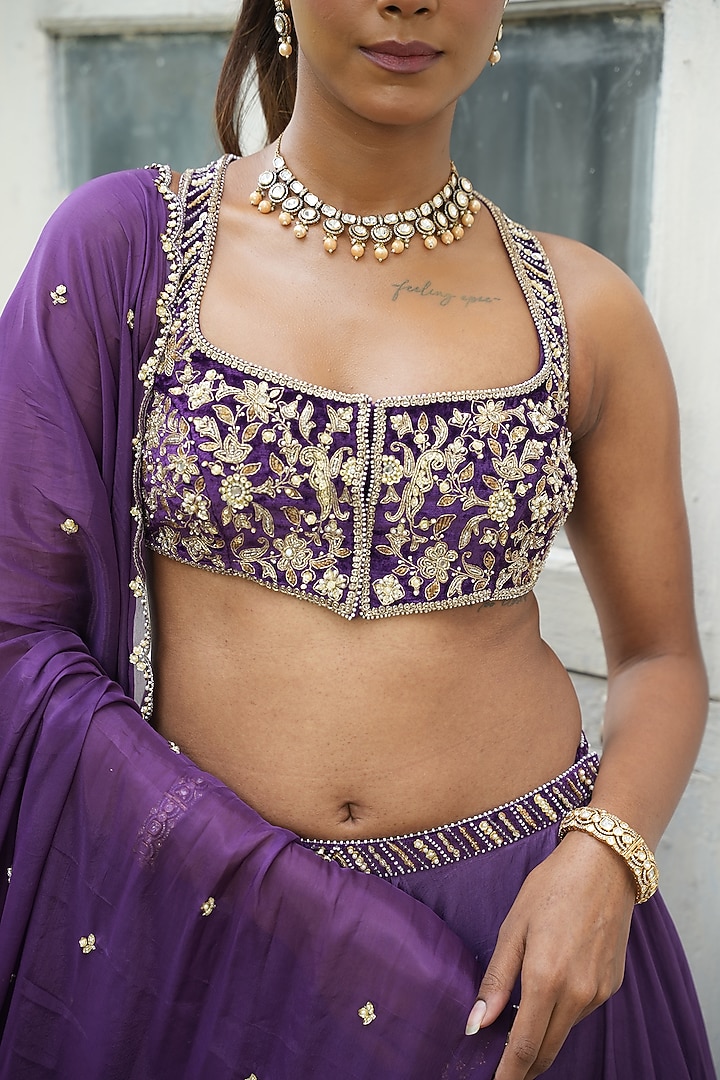 Deep Violet Uppada Silk & Glass Tissue Silk Wedding Lehenga Set by EnamourByRadha at Pernia's Pop Up Shop
