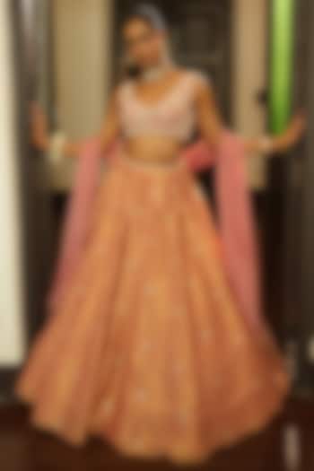 Champagne Pink Chanderi Boota Work Wedding Lehenga Set by EnamourByRadha at Pernia's Pop Up Shop