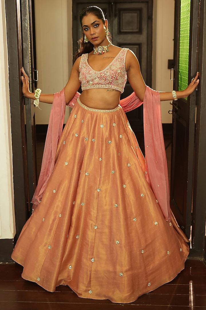 Champagne Pink Chanderi Boota Work Wedding Lehenga Set by EnamourByRadha at Pernia's Pop Up Shop