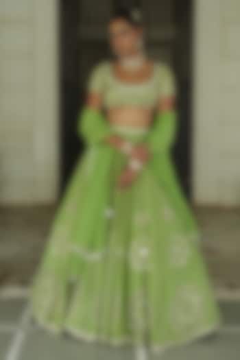 Pista Green Organza Zardosi Embroidered Zari Wedding Lehenga Set by EnamourByRadha at Pernia's Pop Up Shop
