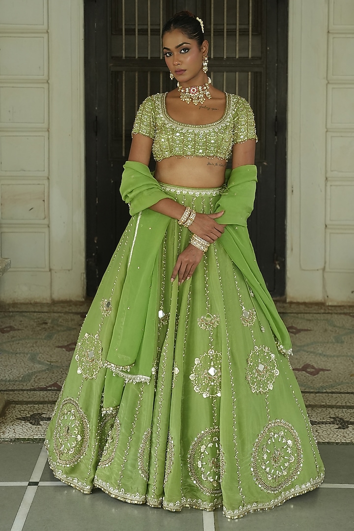Pista Green Organza Zardosi Embroidered Zari Wedding Lehenga Set by EnamourByRadha at Pernia's Pop Up Shop
