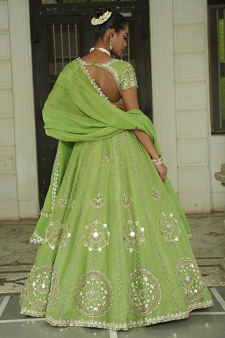 Pista Green Organza Zardosi Embroidered Zari Wedding Lehenga Set by EnamourByRadha at Pernia's Pop Up Shop