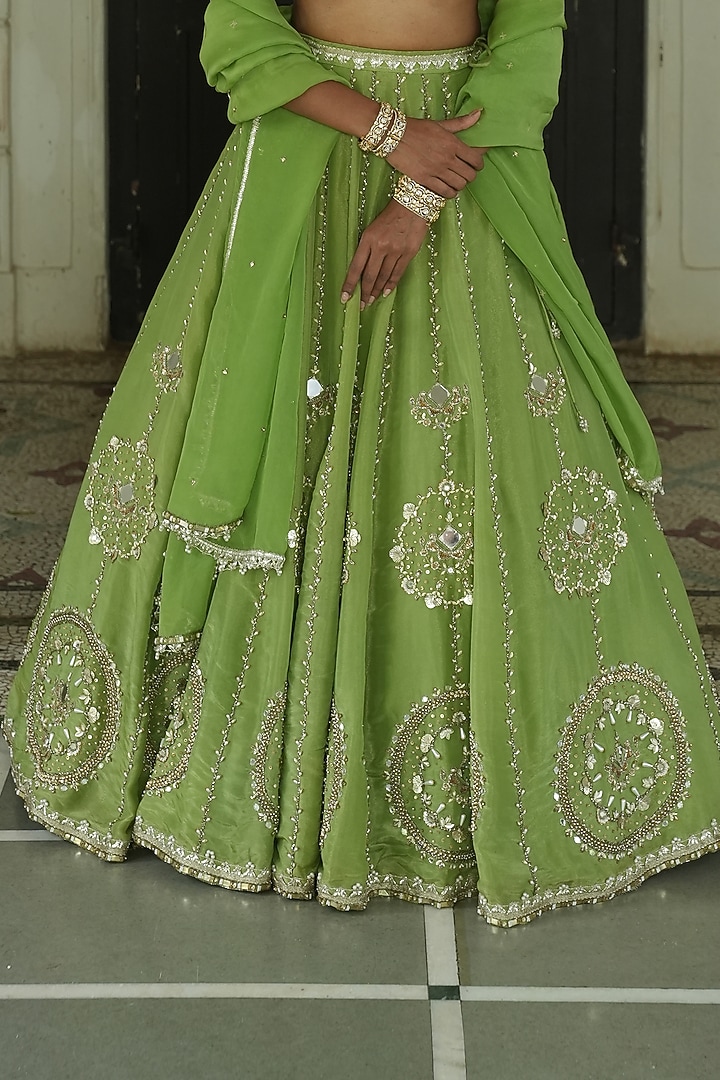 Pista Green Organza Zardosi Embroidered Zari Wedding Lehenga Set by EnamourByRadha at Pernia's Pop Up Shop