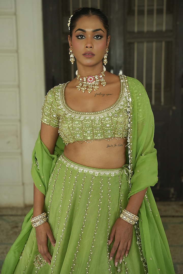 Pista Green Organza Zardosi Embroidered Zari Wedding Lehenga Set by EnamourByRadha at Pernia's Pop Up Shop