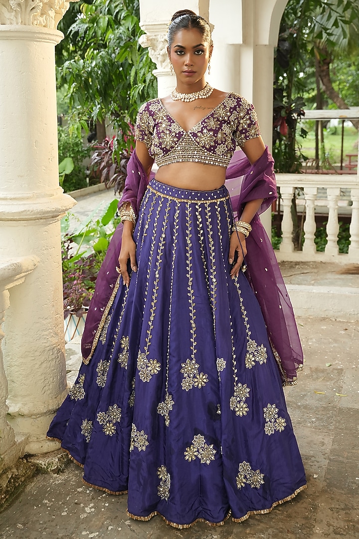 Deep Violet & Purplish Blue Uppada Silk Cutdana Embroidered Wedding Lehenga Set by EnamourByRadha at Pernia's Pop Up Shop