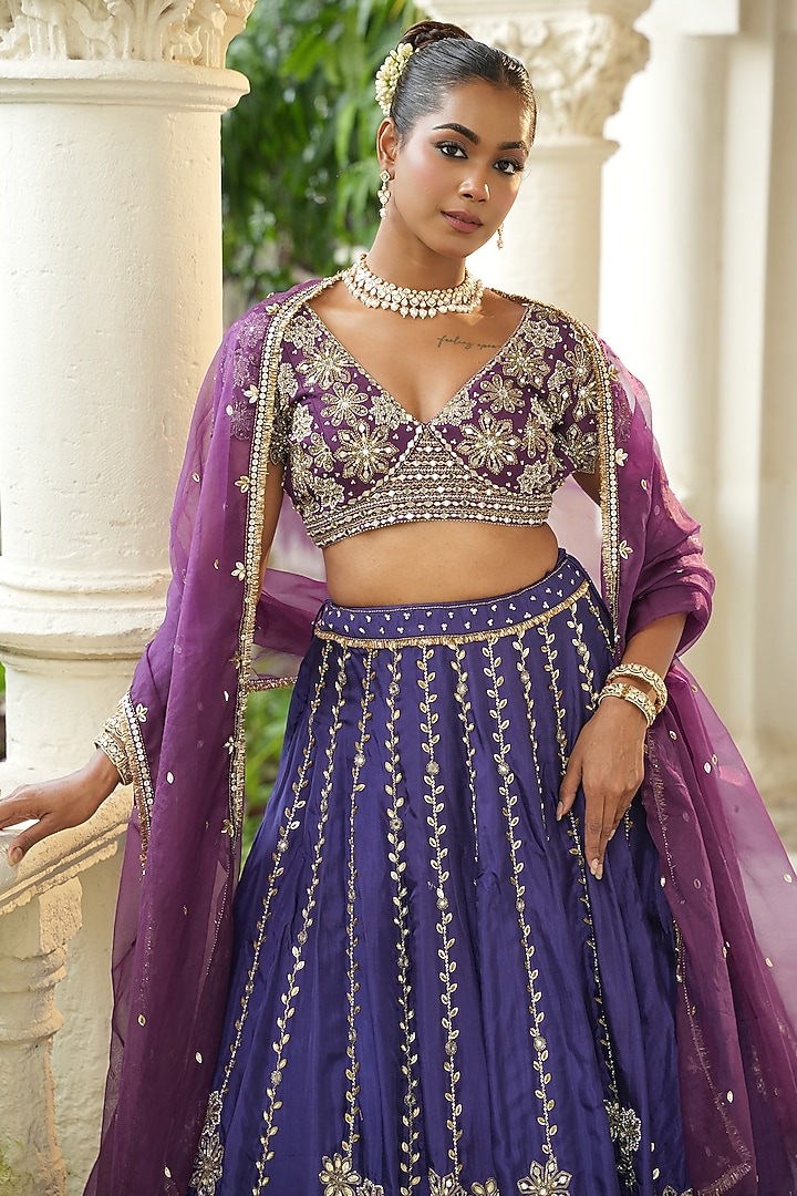 Deep Violet & Purplish Blue Uppada Silk Cutdana Embroidered Wedding Lehenga Set by EnamourByRadha at Pernia's Pop Up Shop