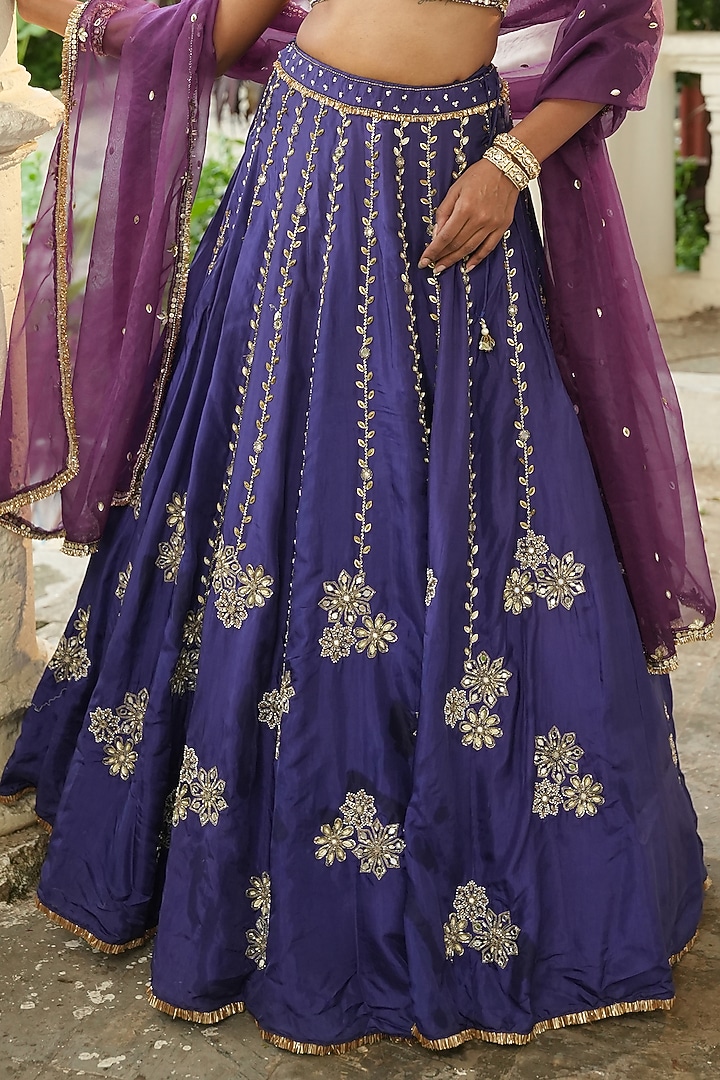 Deep Violet & Purplish Blue Uppada Silk Cutdana Embroidered Wedding Lehenga Set by EnamourByRadha at Pernia's Pop Up Shop