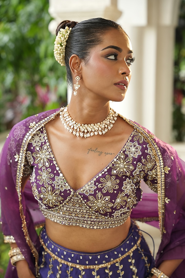 Deep Violet & Purplish Blue Uppada Silk Cutdana Embroidered Wedding Lehenga Set by EnamourByRadha at Pernia's Pop Up Shop