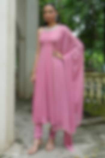 Dusty Pink Georgette Pearl Embroidered Wedding Anarkali Set by EnamourByRadha at Pernia's Pop Up Shop