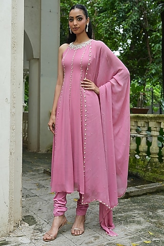 Dusty Pink Georgette Pearl Embroidered Anarkali Set by EnamourByRadha