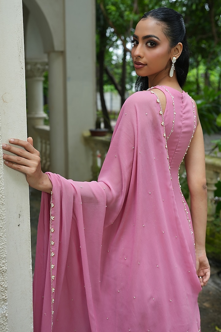 Dusty Pink Georgette Pearl Embroidered Wedding Anarkali Set by EnamourByRadha at Pernia's Pop Up Shop