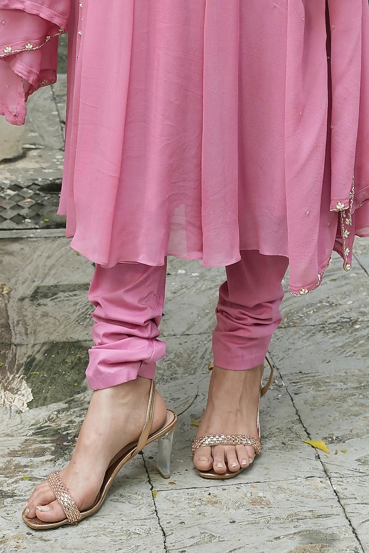 Dusty Pink Georgette Pearl Embroidered Wedding Anarkali Set by EnamourByRadha at Pernia's Pop Up Shop