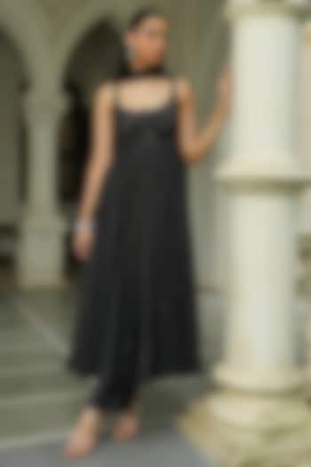 Black Uppada Silk & Chinon Chiffon Beadwork Wedding Anarkali Set by EnamourByRadha at Pernia's Pop Up Shop