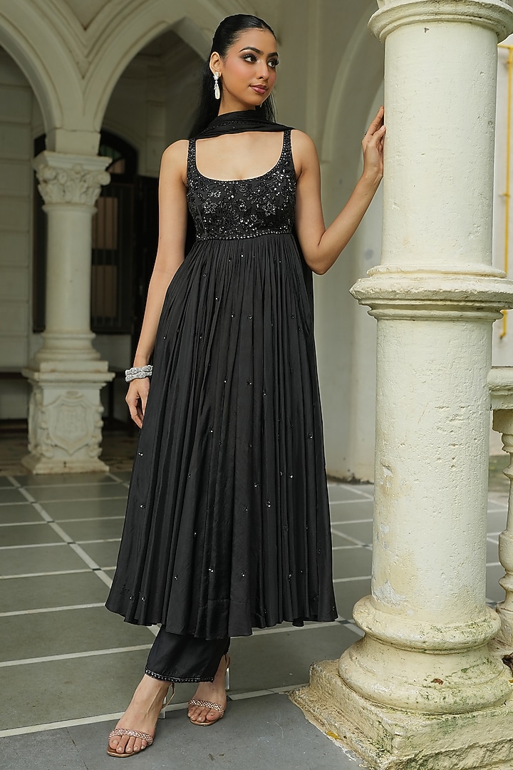 Black Uppada Silk & Chinon Chiffon Beadwork Wedding Anarkali Set by EnamourByRadha at Pernia's Pop Up Shop