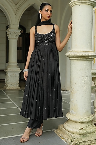 Black Uppada Silk & Chinon Chiffon Beadwork Anarkali Set by EnamourByRadha