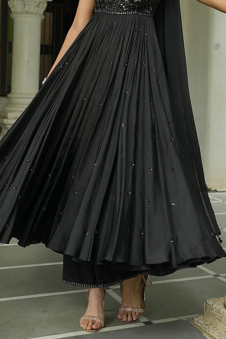 Black Uppada Silk & Chinon Chiffon Beadwork Wedding Anarkali Set by EnamourByRadha at Pernia's Pop Up Shop