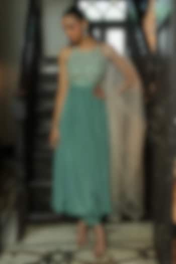 Sage Green Uppada Silk & Habutai Silk Cutdana Embroidered Wedding Anarkali Set by EnamourByRadha at Pernia's Pop Up Shop