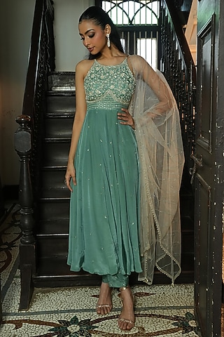 Sage Green Uppada Silk & Habutai Silk Cutdana Embroidered Anarkali Set by EnamourByRadha