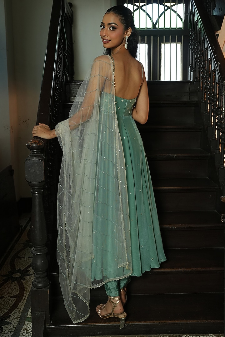 Sage Green Uppada Silk & Habutai Silk Cutdana Embroidered Wedding Anarkali Set by EnamourByRadha at Pernia's Pop Up Shop