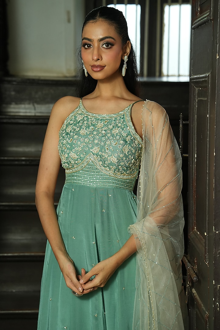 Sage Green Uppada Silk & Habutai Silk Cutdana Embroidered Wedding Anarkali Set by EnamourByRadha at Pernia's Pop Up Shop